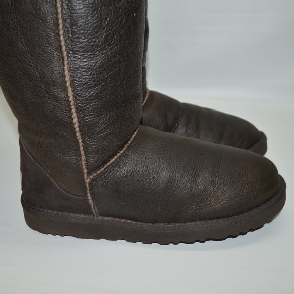 UGG Classic Tall Bomber Brown Leather Fur Lined - Picture 6 of 13